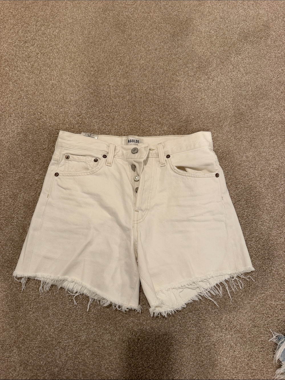 Agolde Cream High-Rise Frayed Hem Denim Shorts